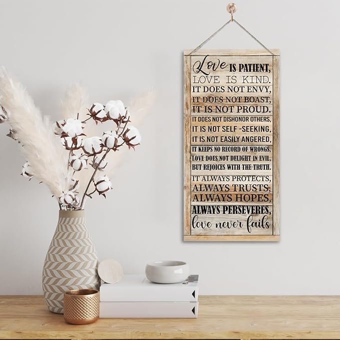 1 Corinthians 13:4-8 Inspirational Hanging Wood Decor Sign, Printed Wood Sign, Love is Patient, Love is Kind Quote, Hanging Bible Verses Woods Wall Signs, Rustic Home Decor Signs, Christian Gift E1