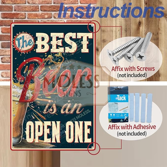 "The Best Beer is an Open One" Funny Bar Sign or Man Cave Decor | 12x8″ Durable Vintage Metal Beer Signs Wall Decorations for Home Bar/Basement/Garage/Mancave, 2347