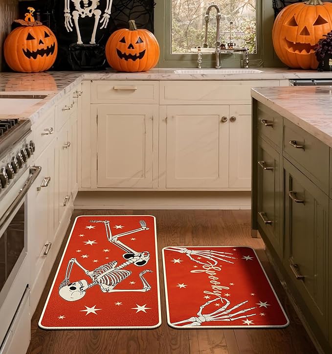 Halloween Kitchen Mat Set of 2, Spooky Skeleton Gothic Halloween Kitchen Decor, Halloween Rug for Floor, Indoor Spooky Home Decor with Non-Slip Backing,17 x 29 Inch & 17 x 47 Inch