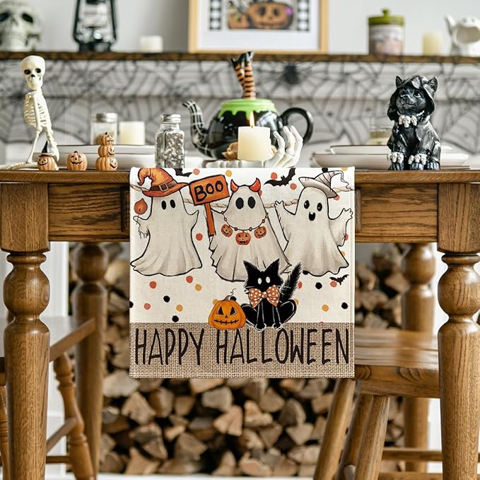Artoid Mode Beige Ghost Jack-O'-Lantern Black Cat Halloween Table Runner,Holiday Kitchen Dining Table Decoration for Home Party Decor 13 x 90 Inch