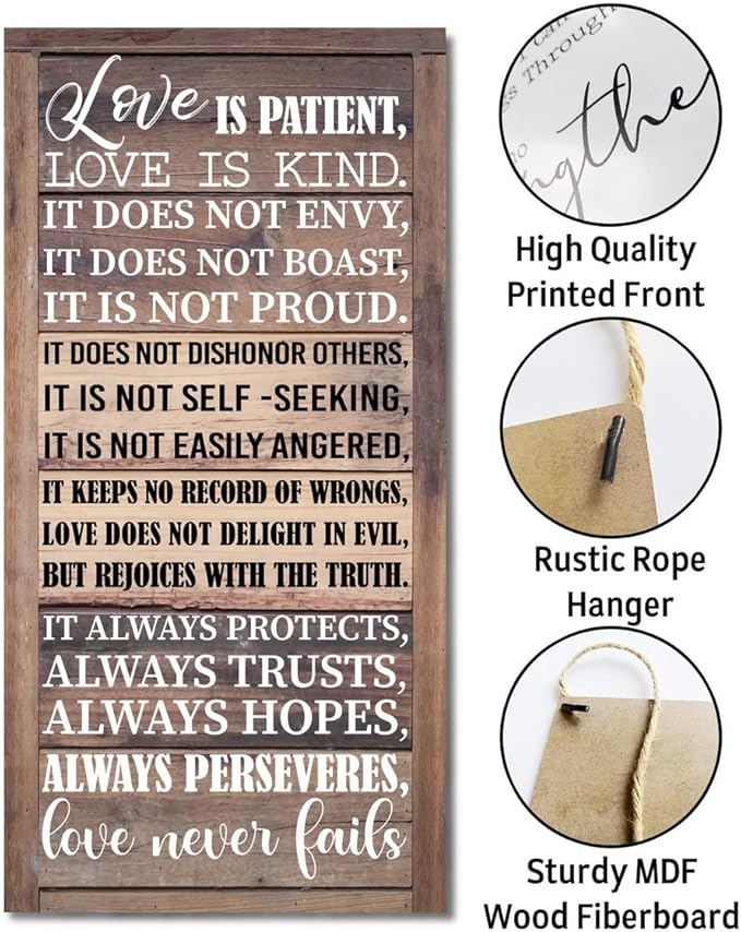 1 Corinthians 13:4-8 Inspirational Hanging Wood Decor Sign, Printed Wood Sign, Love is Patient, Love is Kind Quote, Hanging Bible Verses Woods Wall Signs, Rustic Home Decor Signs, Christian Gift