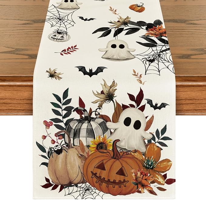 Artoid Mode Pumpkin Ghost Leaves Spider Web 210 GSM Halloween Table Runner, Spooky Kitchen Dining Table Decoration for Home Party Decor 13x108 Inch