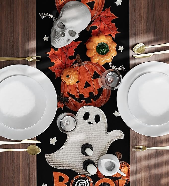 Halloween Table Runner,72 Inches Pumpkin Ghost and Spider Web Pattern Table Runner for Halloween, Table Decoration/Party Dinner Table Decor,Kitchen,Mantel,Bedroom Decoration