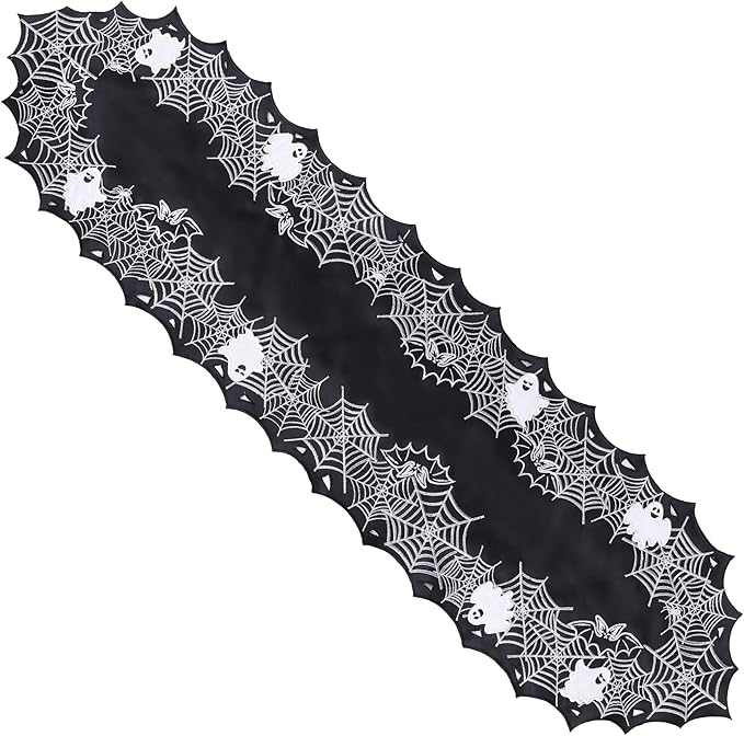 Chlophy Halloween Table Runner Black Spider Web Table Runner Gothic Embroidered for Kitchen Dining Halloween Décor Home Party Table Decoration 54in