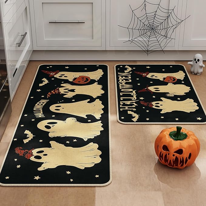 Halloween Kitchen Mat Set of 2, Pumpkin Ghost Bat Halloween Kitchen Decor, Halloween Rug for Floor, Indoor Spooky Home Decor with Non-Slip Backing,17 x 29 Inch & 17 x 47 Inch