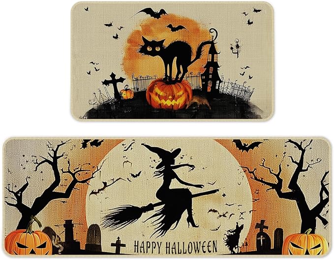 Halloween Kitchen Mat Set of 2, Spooky Witch Pumpkin Cat Halloween Kitchen Decor, Halloween Rug for Floor, Indoor Spooky Home Decor with Non-Slip Backing,17 x 29 Inch & 17 x 47 Inch