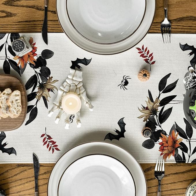 Artoid Mode Pumpkin Ghost Leaves Spider Web 210 GSM Halloween Table Runner, Spooky Kitchen Dining Table Decoration for Home Party Decor 13x60 Inch