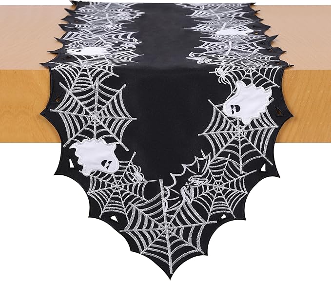 Chlophy Halloween Table Runner Black Spider Web Table Runner Gothic Embroidered for Kitchen Dining Halloween Décor Home Party Table Decoration 54in